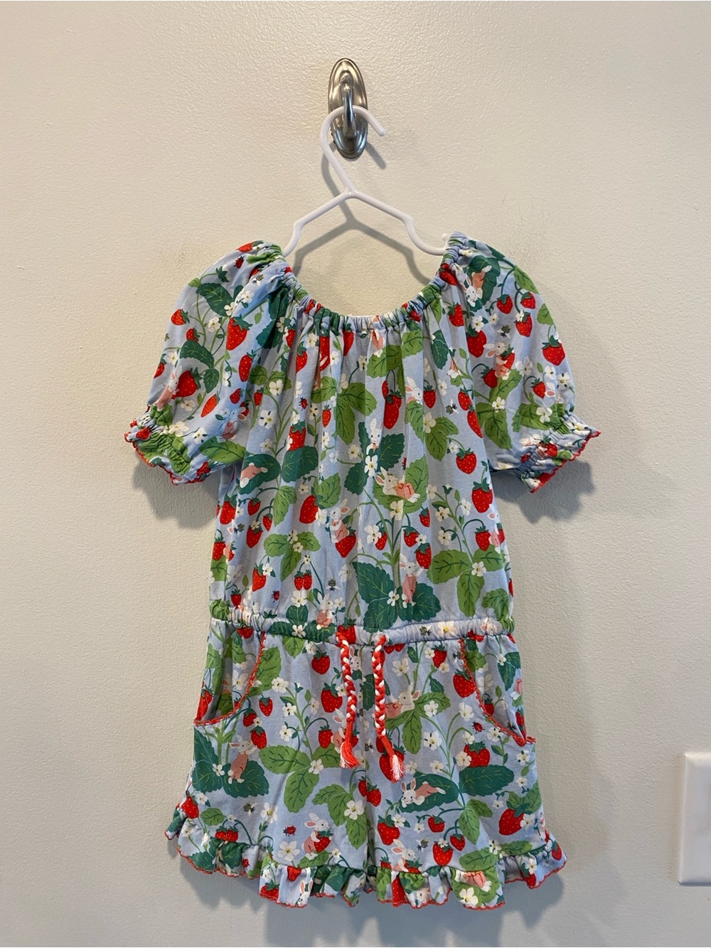 Mini Boden jersey romper girls size 5-6 years bunny strawberry 100% cotton